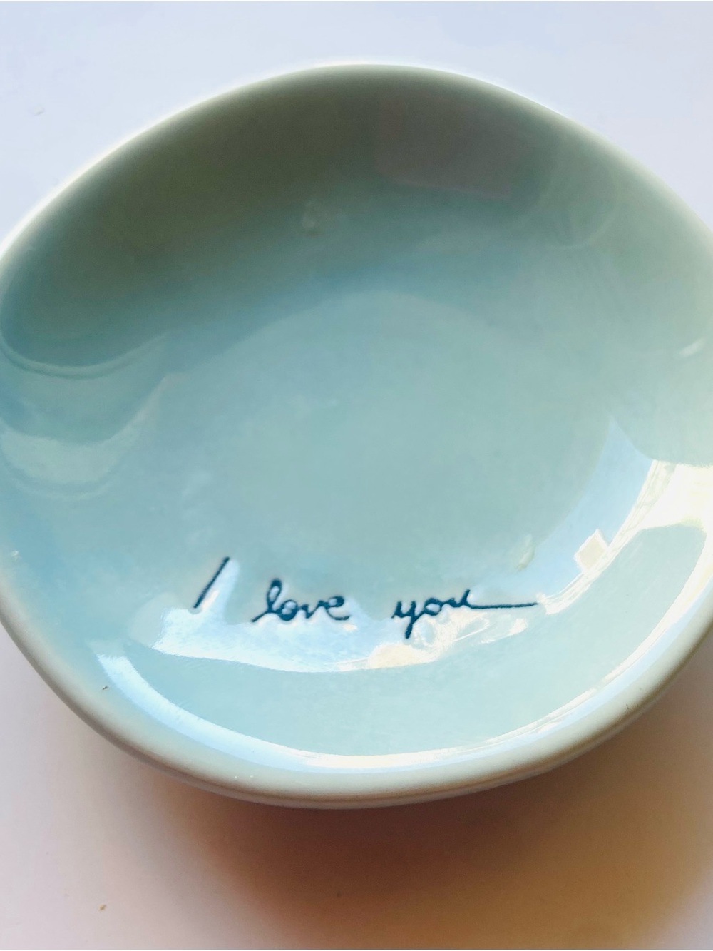 Handwritten 'I love you' Ceramic Trinket Dish in Light Blue